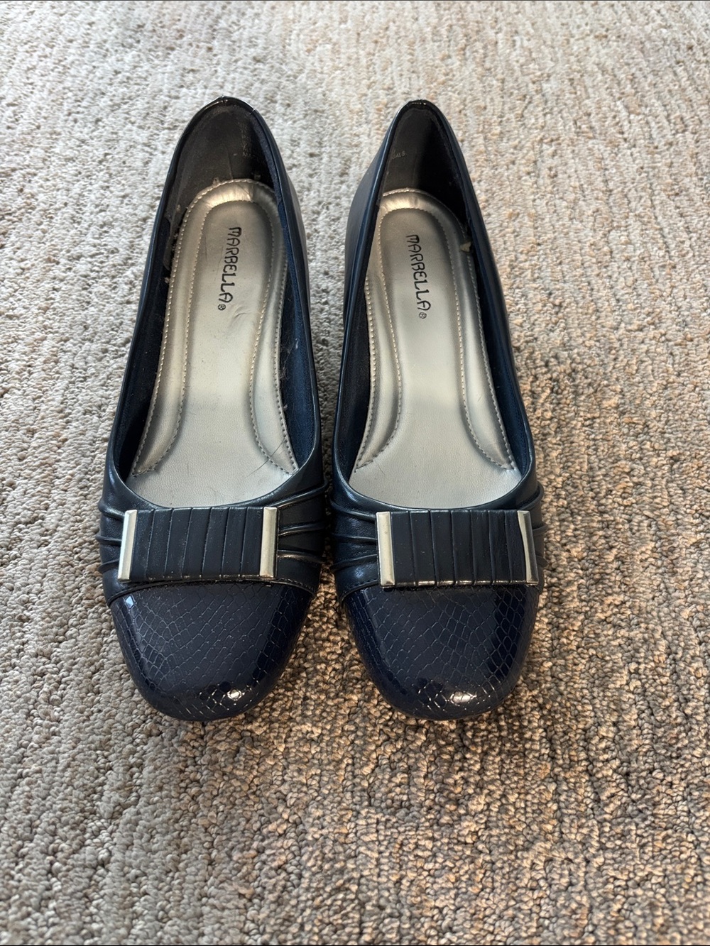 MARELLA Navy Patent Loafers with Bow Accent